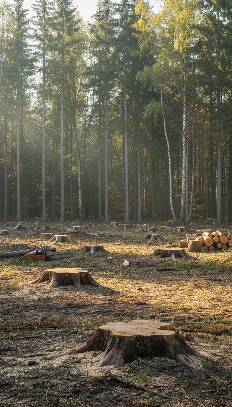 izcirtums mežā ar zāģētiem celmiem