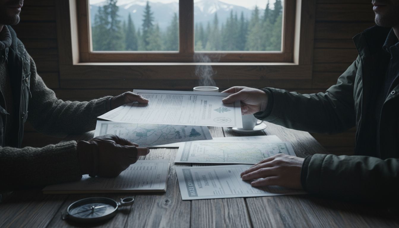 documents being changed or exchanged, paperwork associated with forestry, Latvian paperwork, set in a Northern European context, realistic photo style
