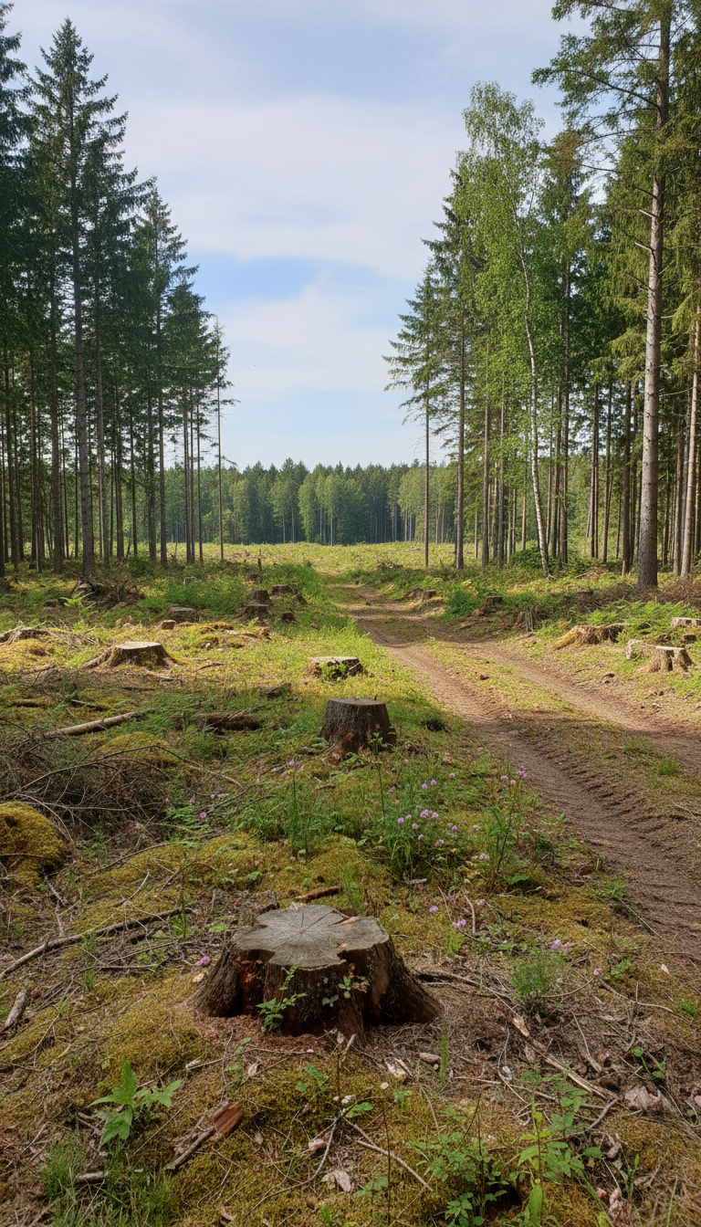 Reāls izcirtums mežā ar nocirstiem koku celmiem, neatstājot nevienas baltas mājas vai ēkas – saglabāt visu pārējo ainavu, ziemeļeiropas mežu skats, Latvija.