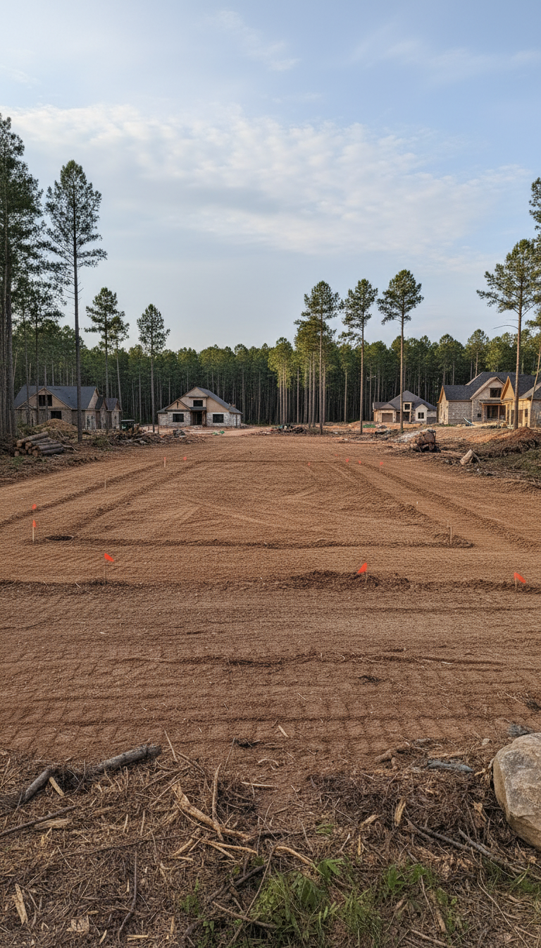 līdzināts meža zemes laukums pirms mājas būvniecības ar apkārt citām mājām