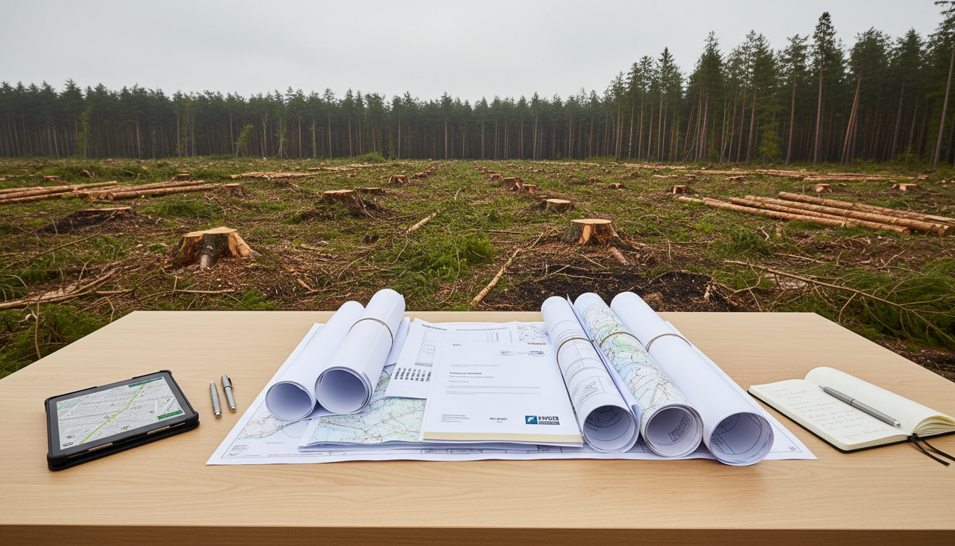 A professional forestry workstation outdoors, featuring a stack of neatly arranged technical maps and legal documents atop a smooth, light-colored wooden table. In the background, a recently cleared yet orderly strip of woodland is visible, with stumps and felled logs aligned parallel to the tree line. Subdued, overcast daylight ensures an even, shadowless illumination, enhancing the clarity of textures in paper, wood, and earth. The mood is precise and diligent, reflecting business efficiency in forest transformation workflow. Shot from a slightly elevated angle with centered composition, the visual tone is clean, corporate, and highly structured, supporting a sense of reliable process and expertise.